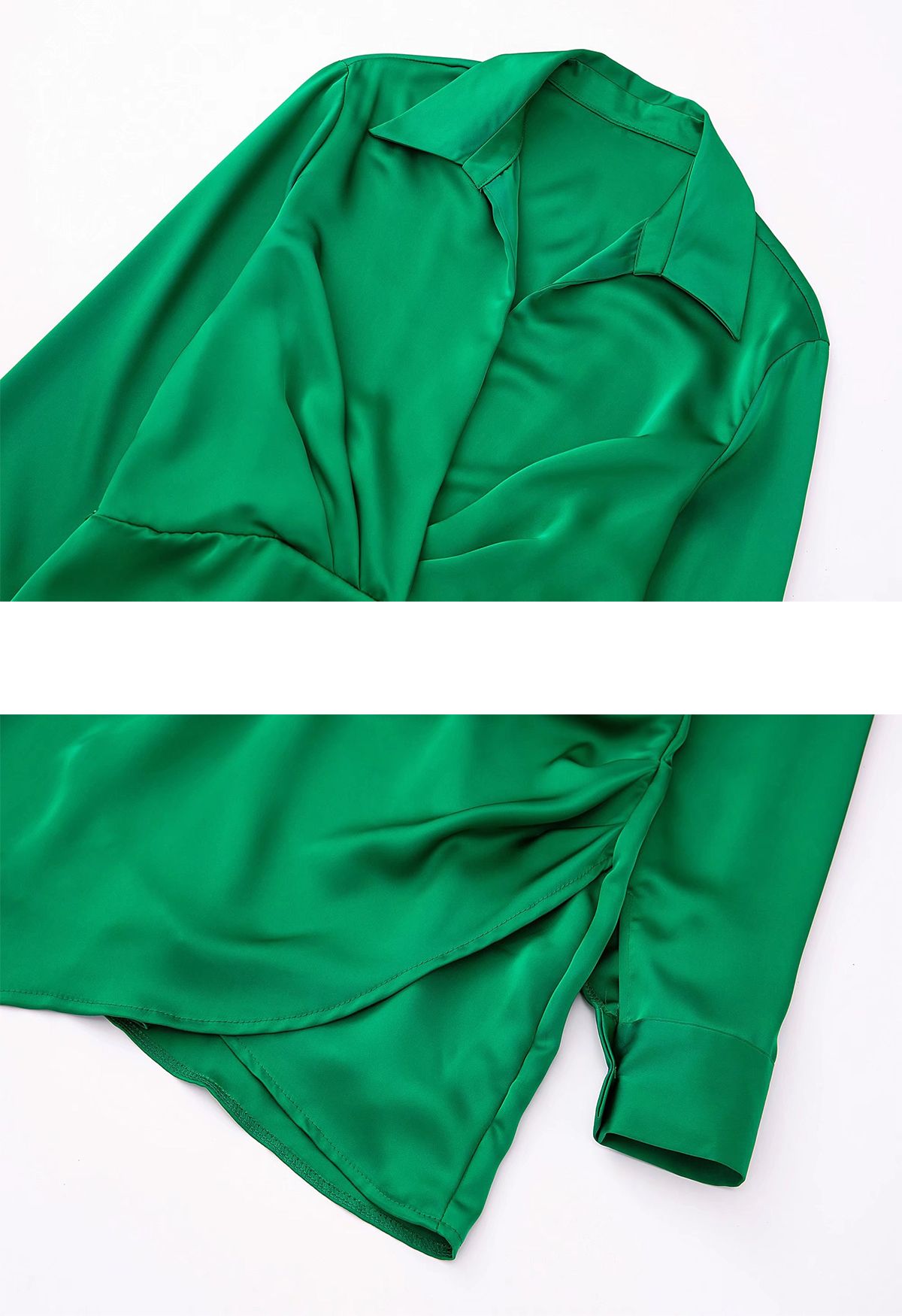 Vestido de camisa de cetim com decote em V franzido na frente em verde