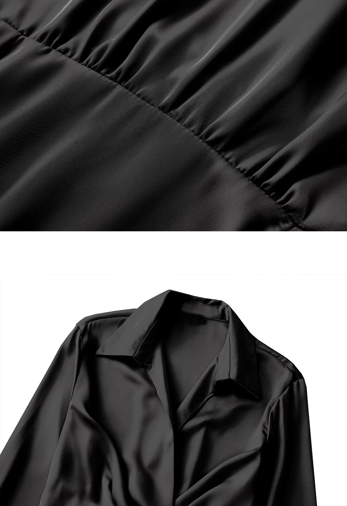 Vestido de camisa de cetim com decote em V franzido na frente em preto
