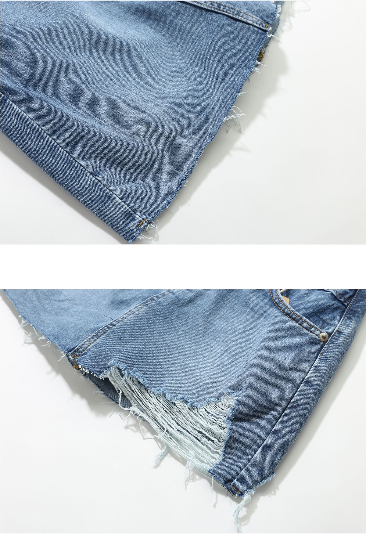 Saia jeans rasgada na cintura cruzada em azul escuro