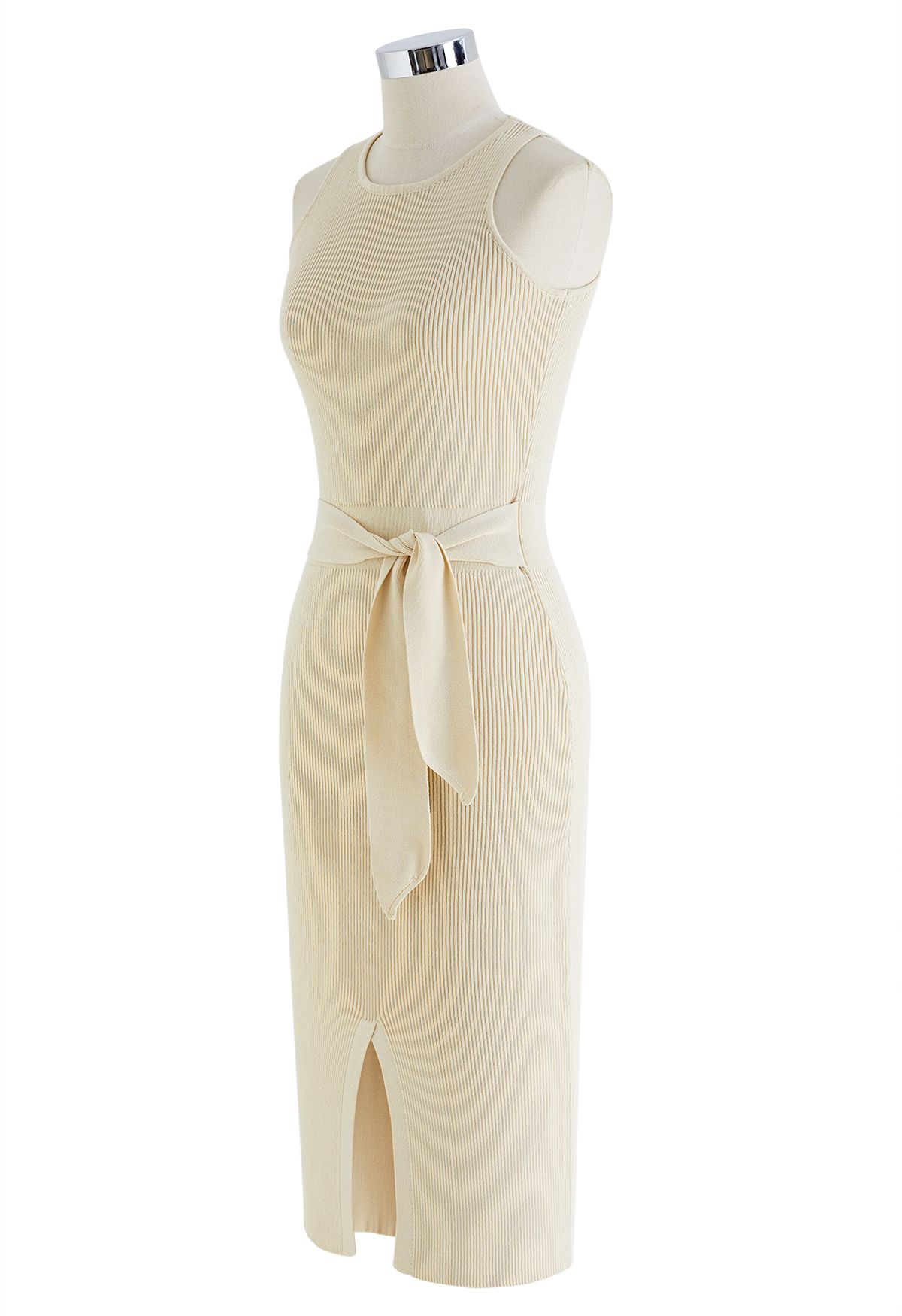 Front Slit Tie Waist Sleeveless Knit Dress in Sand
