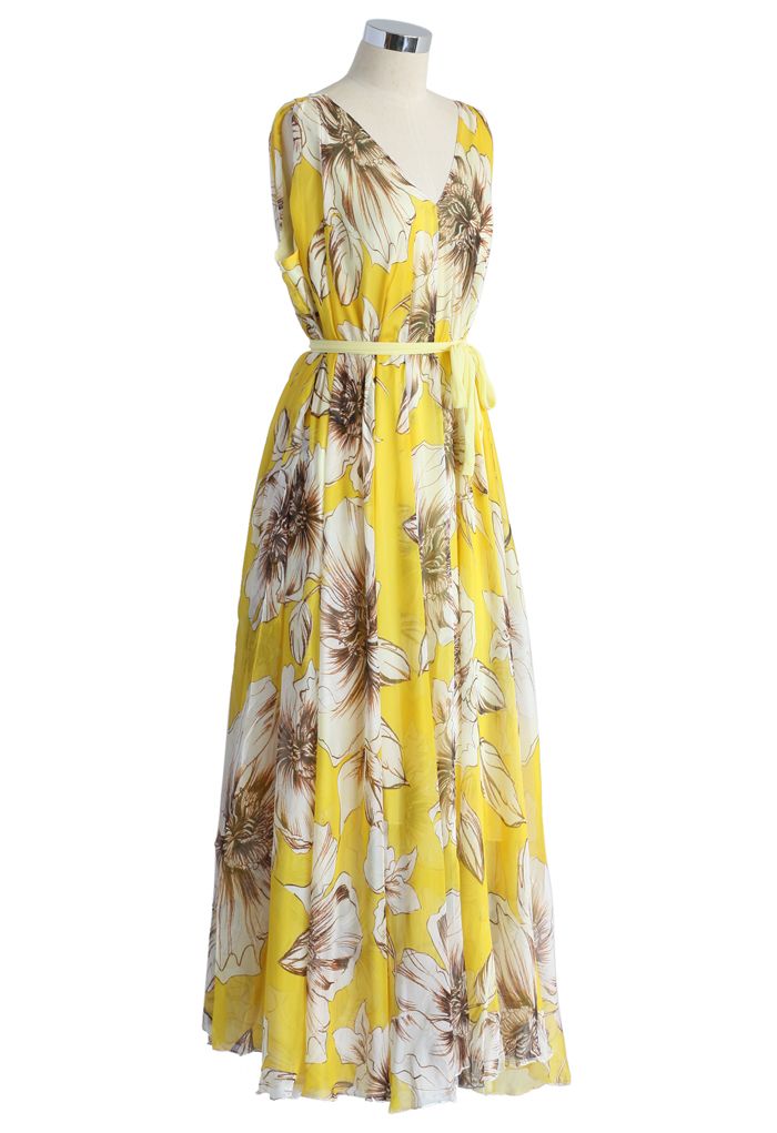 Maravilhoso vestido floral de chiffon em amarelo