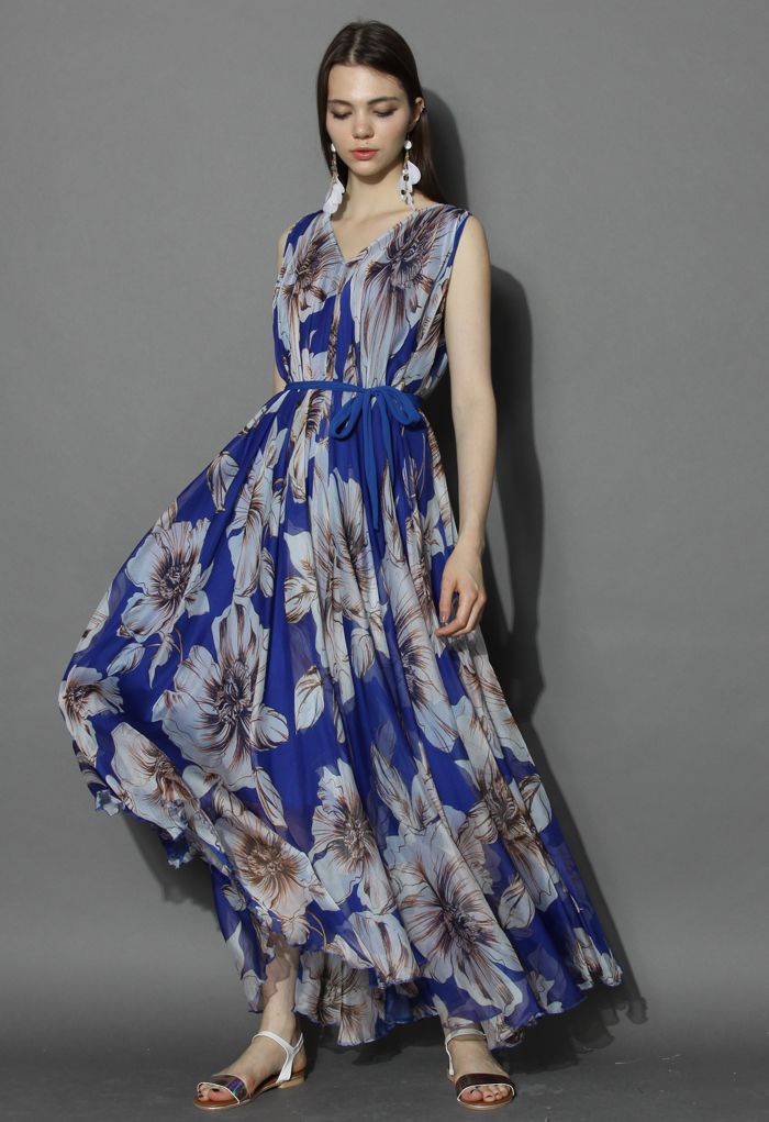 Maravilhoso Vestido Floral Chiffon Maxi em Azul