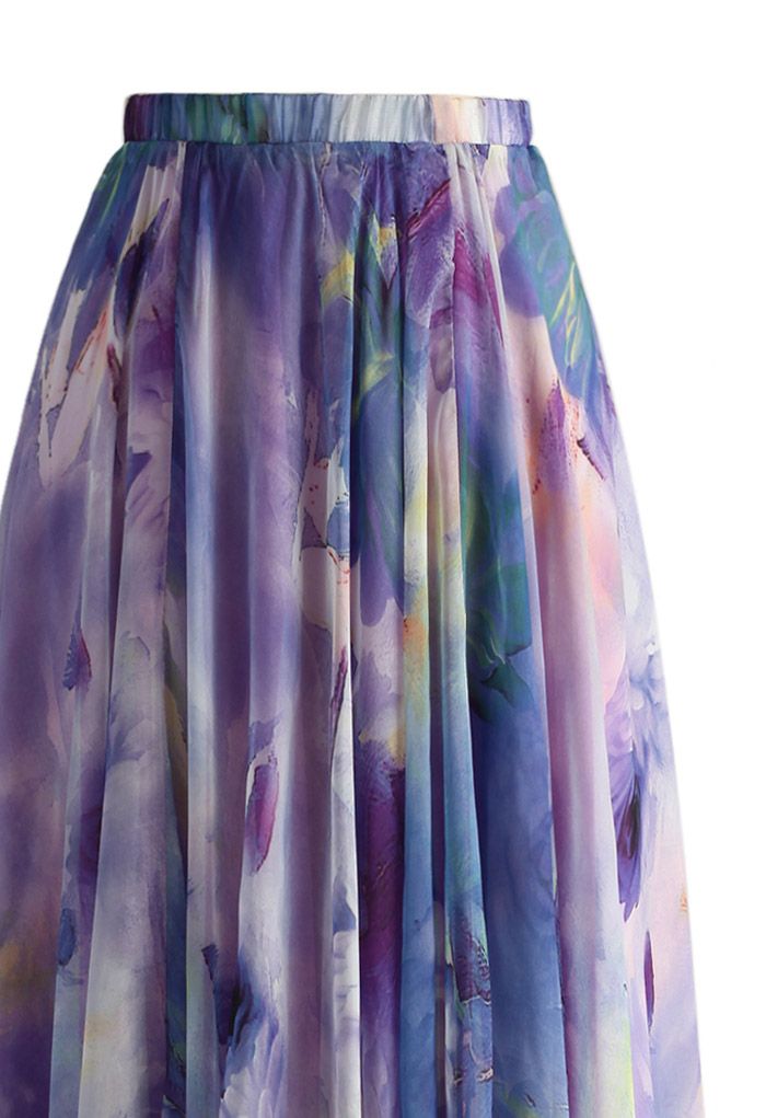 Saia maxi floral aquarela dançante em violeta