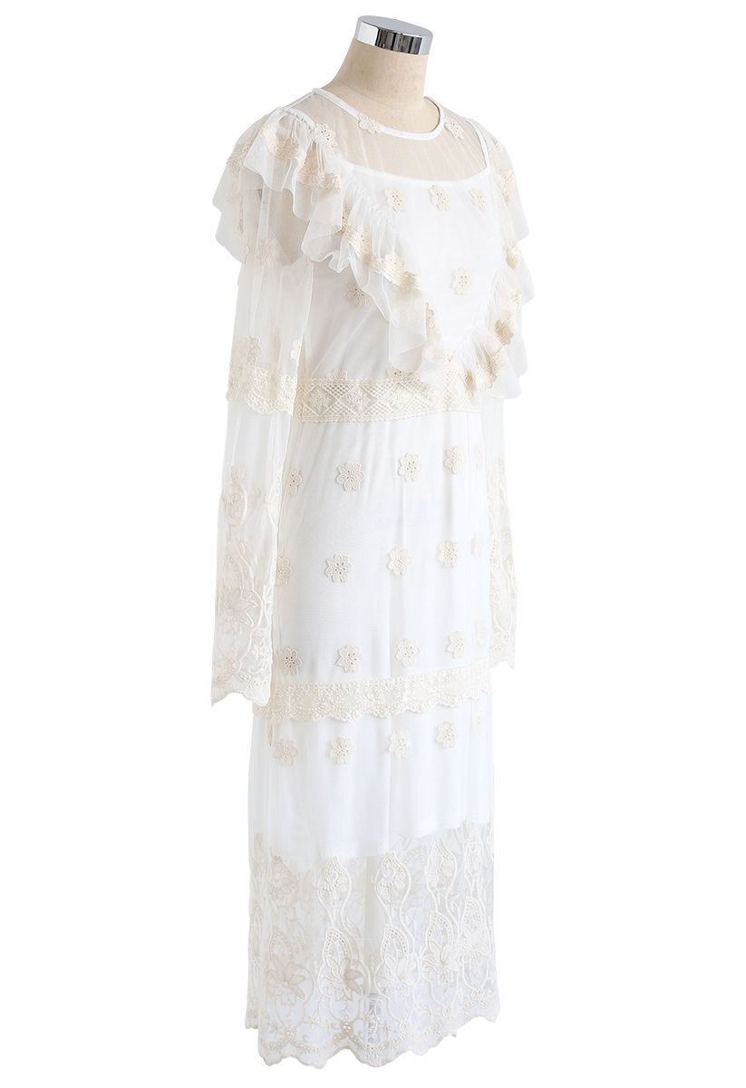 Vestido de malha de crochê de romance onírico em marfim