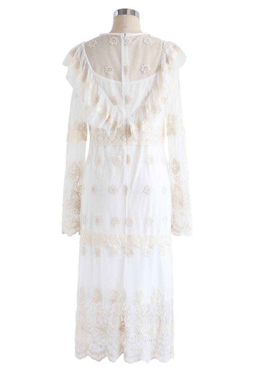 Vestido de malha de crochê de romance onírico em marfim