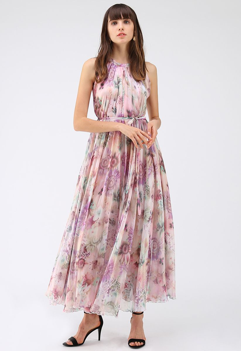 Vestido maxi de chiffon flor de girassol aquarela