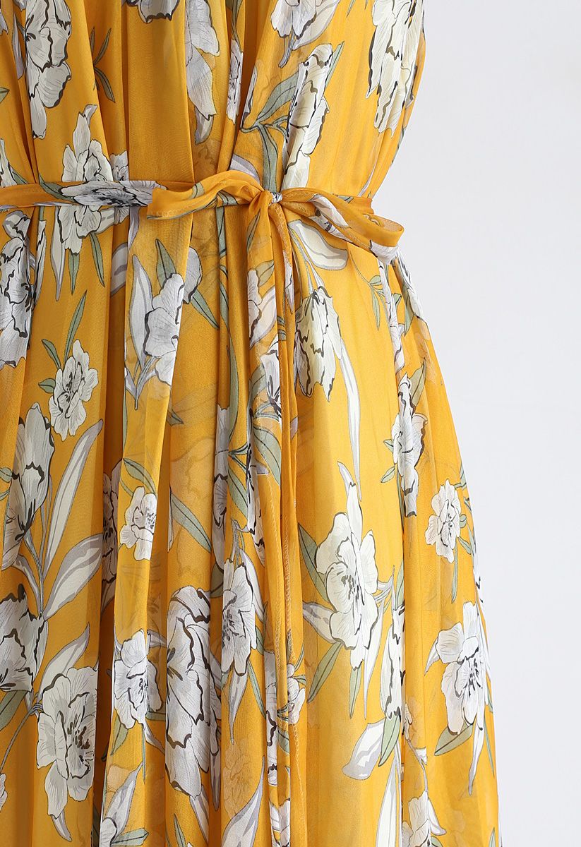 Vestido longo de chiffon flor temporada em amarelo