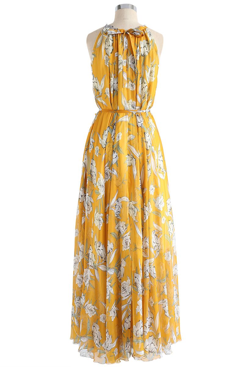 Vestido longo de chiffon flor temporada em amarelo