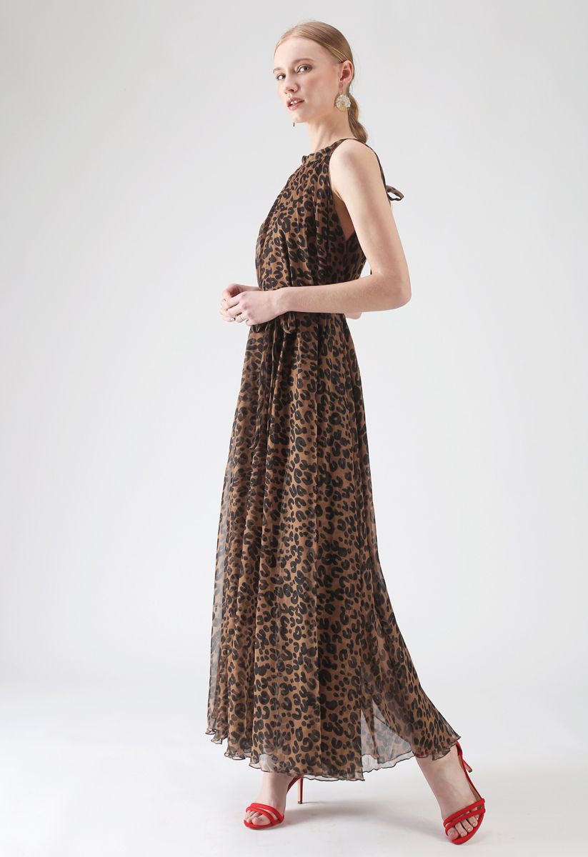Vestido maxi aquarela Leopard em marrom
