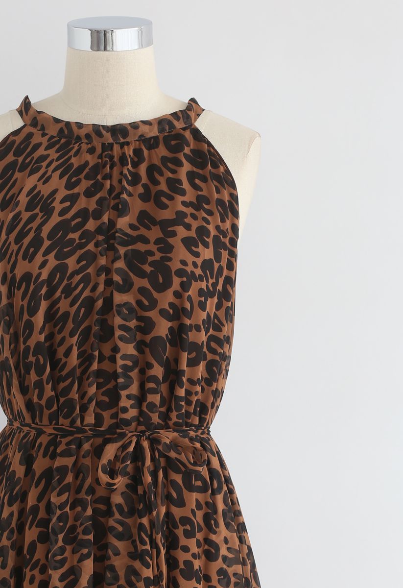Vestido maxi aquarela Leopard em marrom