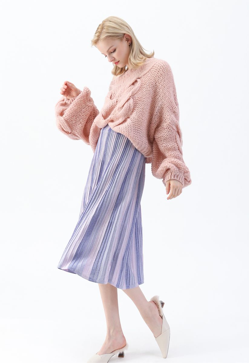 Suéter de mangas bufantes tricotado à mão em rosa