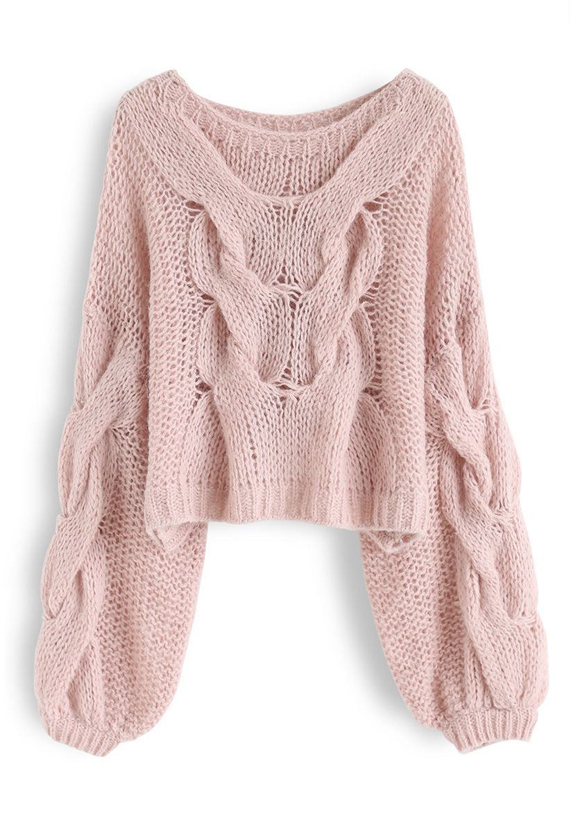 Suéter de mangas bufantes tricotado à mão em rosa