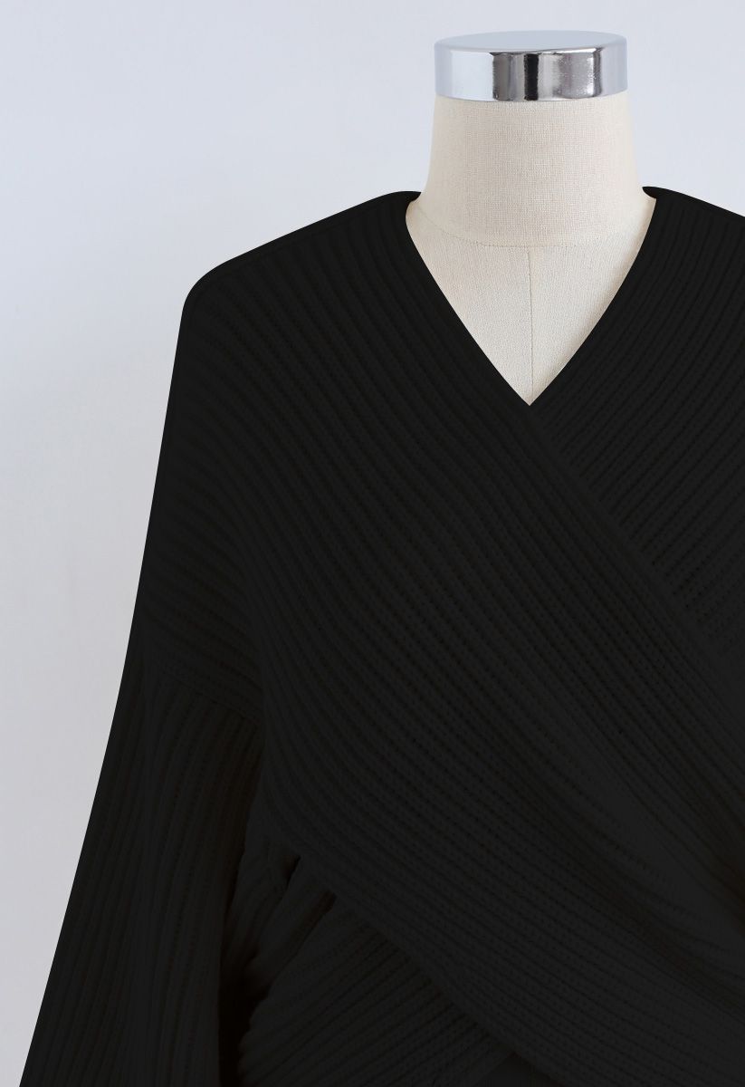 Suéter de tricô com nervuras cruzado em preto