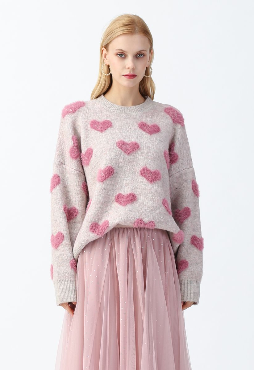 Suéter de malha de corações felpudos de cor contrastante