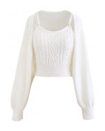 Conjunto de blusa de tricô trançado e manga de suéter em branco
