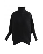 Suéter de malha assimétrica manga morcego gola alta em preto