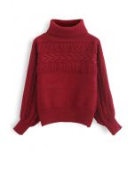 Suéter de tricô com detalhe de franjas em vermelho