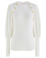 Blusa de malha com botões e mangas bolha em branco