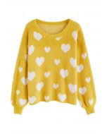 Suéter de malha de coração de contraste felpudo em amarelo