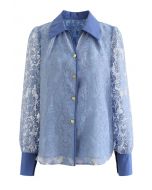 Camisa floral jacquard semitransparente em organza azul