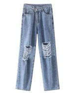 Calça jeans reta rasgada cintura alta