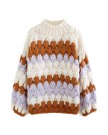 Suéter de gola alta tricotada à mão em creme com color block