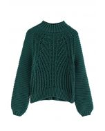 Suéter de malha grossa de gola alta com nervuras exagerada em verde escuro