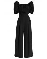 Elastic Ruched Puff Sleeve Wide-Leg Jumpsuit in Black